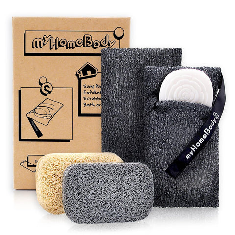 myHomeBody Exfoliating Soap Pocket Soap Saver | Bath and Shower Body Scrubber, 2 Pack + Bonus 2 Piece BPA-Free Soap Saver Pads