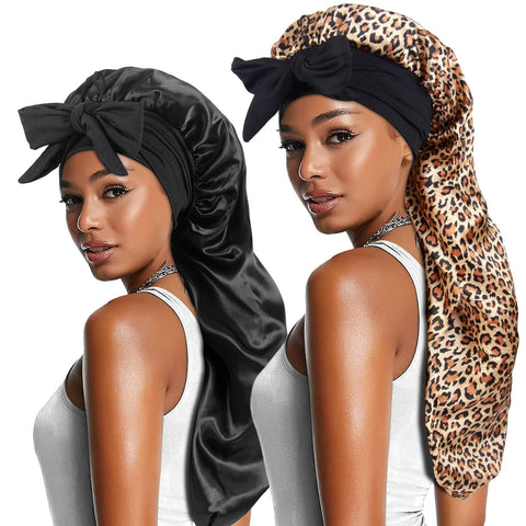 2pcs Long Satin Bonnets with Tie Band, Large Braid Bonnet Silky Hair Cap for Locs Women Sleeping, B - Black, Leopard, One Size