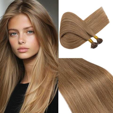 100 Strands/Pack I Tip Remy Human Hair Extensions Pre Bonded Keratin Stick In Hair Extensions Cold Fusion Hair Piece For Women Long Straight #12 Golden Brown 16' 50g
