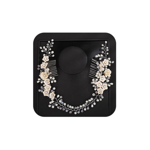 Teyglen Wedding Rhinestones Pearl Headband With Comb Bridal Flower Crystal Pearls Long Headband Hair Vine Hair Comb Floral Hair Accessories Silver Hair Pieces for Women Bride