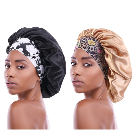 2PCS Satin Hair Bonnet for Black Women Elastic Wide Band Sleep cap Single Layer Silkly satin cap for Braid curly natural hair Black + Khaki