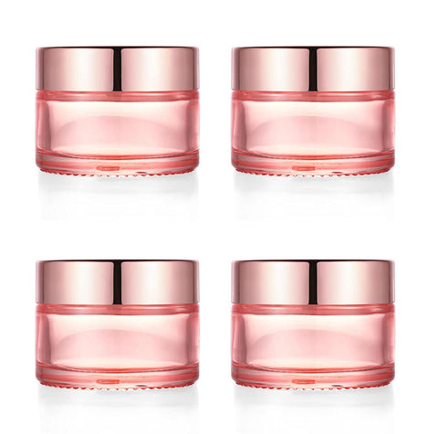 Furnido 4 Pack,1 oz/30ml Pink Glass Face Cream Jar Pot,Empty Thick Glass Cosmetic Cream Jar Container With Rose-Golden Cover,Inner Liners for Moisturizer,Eyeshadow,Makeup Emulsion