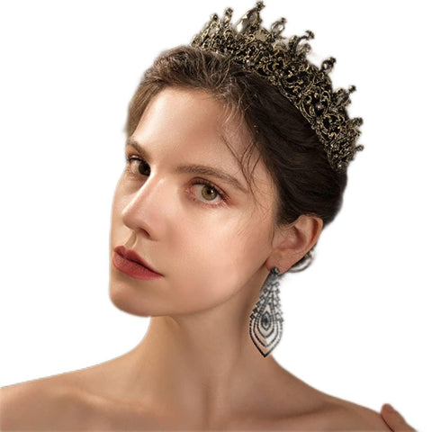 Salliy Baroque Wedding Crown Black Queen Crystal Bride Tiara Bridal Headpieces Rhinestone Hair Accessories for Women and Girls (B)