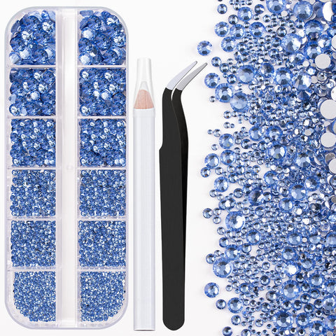 One Pack 2000 Pcs of Flatback Round Sky Blue Rhinestones 6 Sizes (1.5-6 mm) with Nail Art Rhinestone Picker Pencil And Tweezer For DIY And Salon Use