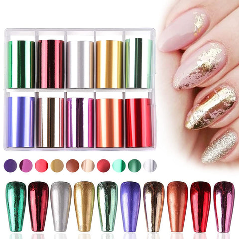 SILPECWEE 10 Sheets Nail Foil Metallic Luster Nail Transfer Foil Full Nail Wraps Nail Foil Stickers Nail Art Stickers Gold Foils Nail Decoration Kit DIY Nail Accessories