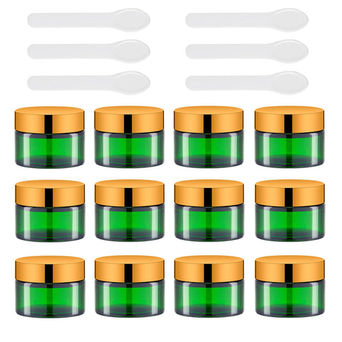 1 Oz Glass Cream Jars with Gold Lid, Empty Green Glass Containers, Refillable Cosmetic Vials for Salve, Lotion, Ointment (12 PCS)