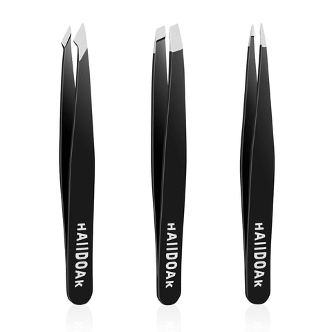 Tweezers Set, 3Pcs Professional Stainless Steel Tweezers for Eyebrows with storage bag , Great Precision tools for Facial Hair, Splinter and Ingrown Hair, Blackhead Removal (BLACK)