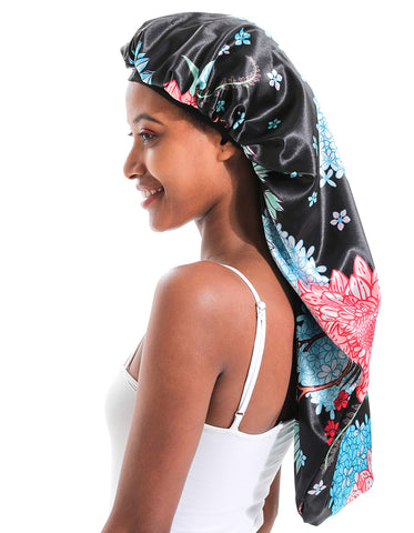 JarseHera Double-Layer Silk Bonnet Extra Long Satin Sleep Cap for Long Hair (Black-Flower, Large Size,Length: 27''/70cm, Width: 15''/38cm)