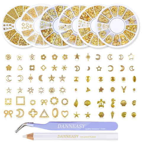 OYCOLOR 6 Wheels 3D Gold Nail Studs Metal Nail Charms Nail Art Rivets Manicure Decoration Kit Star Moon Shell Cross Flower With 1Pc Curved Tweezers And Wax Pen