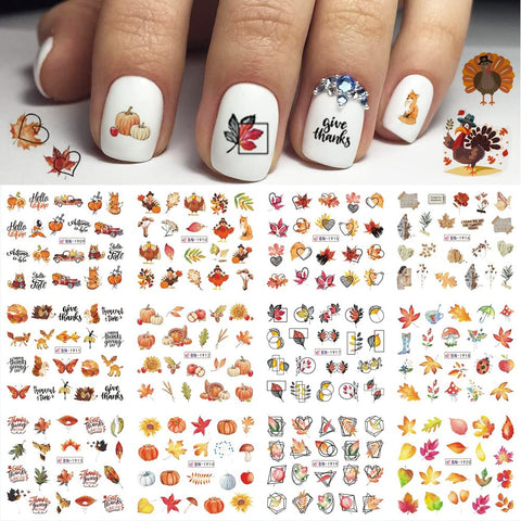 Autumn Maple Leaf Nail Art Stickers Thanksgiving Nail Water Decals Foils for Acrylic Nail Supplies with Heart Geometric Line Turkey Butterfly Flowers Pumpkin Design Water Sliders Nail Tattoo 12 Design