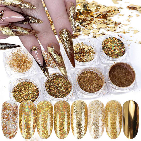 Holographic Gold Glitters Nail Art Sequins 3D Glitter Nail Flakes Decoration for Women Girls Manicure Tips DIY Acrylic Nails Supplies Shining Nail Art Design Nail Art Accessories (8 Boxes)