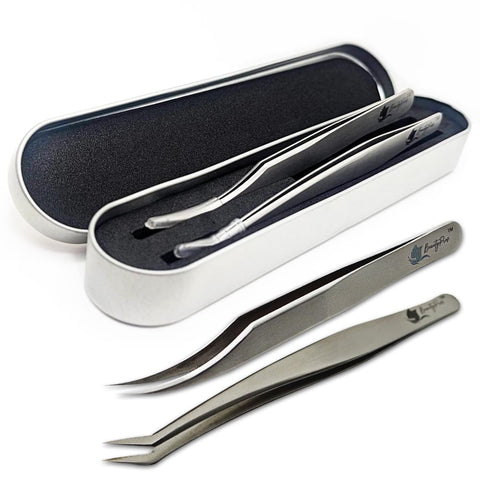BeautyPros Lash Extension Kit - Stainless Steel Precision Tweezers set with Dolphin Shaped and Curved Pointed Tip - Tweezers for Eyelash Extension - 2-Pack