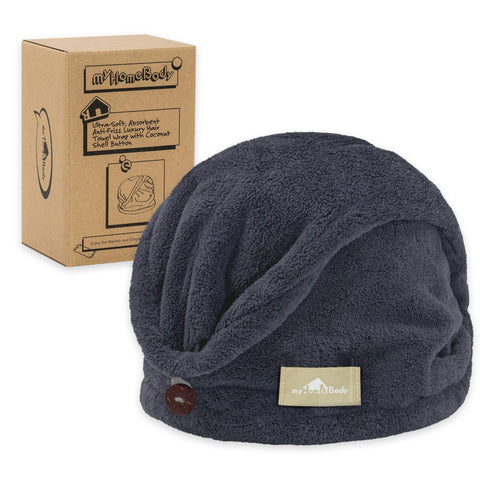 Hair Towel Wrap | Luxury Anti-Frizz Rapid-Dry Hair-Drying Turban | Ultra Soft and Quick Drying Absorbent Charcoal Fiber, with Coconut Shell Button â€“ Midnight Blue