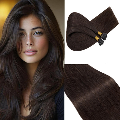 I Tip Remy Human Hair Extensions Pre Bonded Keratin Stick In Hair Extensions Cold Fusion Hair Piece For Women Long Straight 100 Strands/Pack #2 Dark Brown 18' 50g