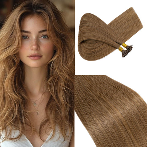 100 Strands/Pack Pre Bonded I Tip Remy Human Hair Extensions Cold Fusion Hair Piece Keratin Stick In Hair Extensions Long Straight For Women 22 Inches #6 Light Brown 50g