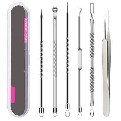 Pimple Popper Tool Kit , 6 Pcs Blackhead Remover Acne Needle Tools Set Removing Treatment Comedone Whitehead Popping Zit for Nose Face Skin Blemish Extractor Tool - Silver
