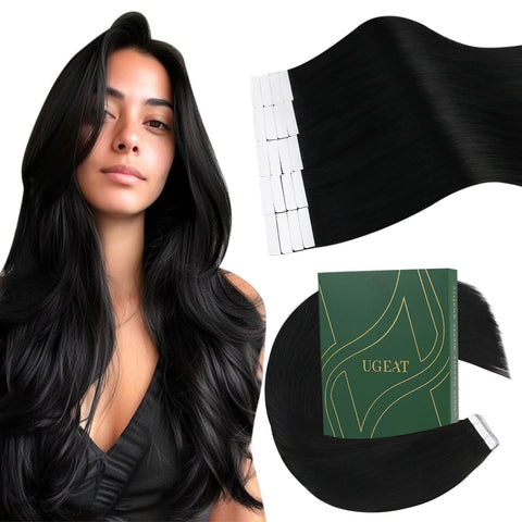 Ugeat 18inch Tape in Real Human Hair Extensions Remy Hair Jet Black #1 Double Weft Seamless Glue in Hair Extensions 50Gram Per Package Tape Hair Extensions