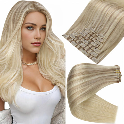 Full Shine 8 Pcs 20 inch 120 Gram Invisible Extensions Balayage Clip in Real Remy Hair Ombre Dip Dyed Color #18 Ash Blonde Fading to #22 Highlighted Color #60 Blonde Seamless Clip in Extensions