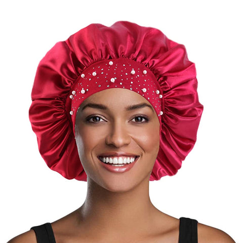 YeeMan Hair Bonnet Glittering Pearls and Rhinestones Satin Bonnet Wide Band Sleeping Cap (Wine Red), Wine Red, One Size