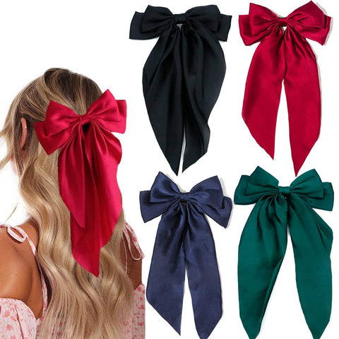4 Pieces Silky Satin Hair Bows Ribbon Hair Barrettes Clip for Women Large Bow Hair Slides Metal Clips French Barrette Long Tail Hair Accessories Soft Solid Plain Color Girl Hairpin Holding Hair