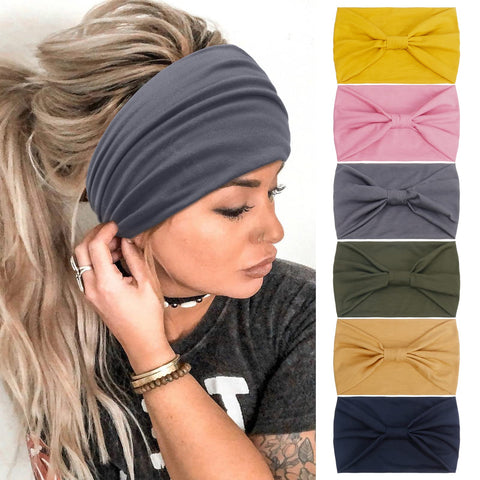 Wide Headband for Women Non Slip Knotted Head Bands Workout Yoga Running Stretch Turban Hair Wraps (Pack of 6)