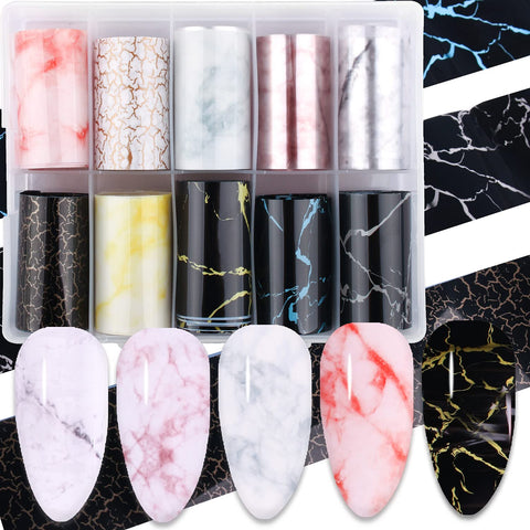 WOKOTO 10 Rolls Marble Design Nail Transfer Foils Kit for Women Nails Nail Foil Nail Art Full Nail Wraps Transfer Nail Stickers Decals for Foil Art Nail Art Decorations Stickers (1.57inchÃ—39.4inch)