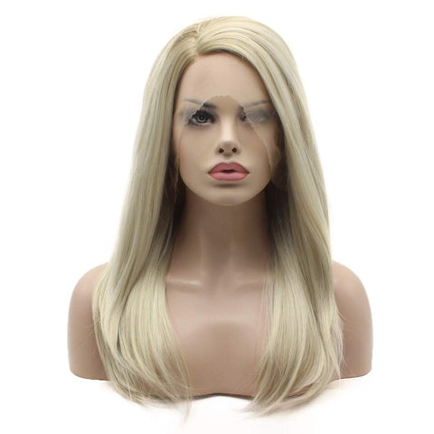 Lushy Medium Length Straight Brown Root Blonde Ombre Wig Half Hand Tied Heat Friendly Synthetic Lace Front Wig