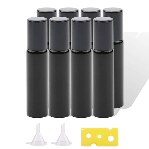 jiuwu 10ml 8 Pack Essential Oils Roller Bottles, Black Glass with Stainless Steel Roller Balls for Beauty Aromatherapy Empty Bottles 2 Funnels + 1 Opener