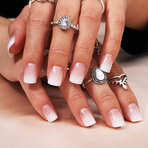 Bomine Press on Nails White Ombre Fake Nails Short Square Glossy False Nails Acrylic Full Cover Nails Tips for Women and Girls 24Pcs (Ombre White)