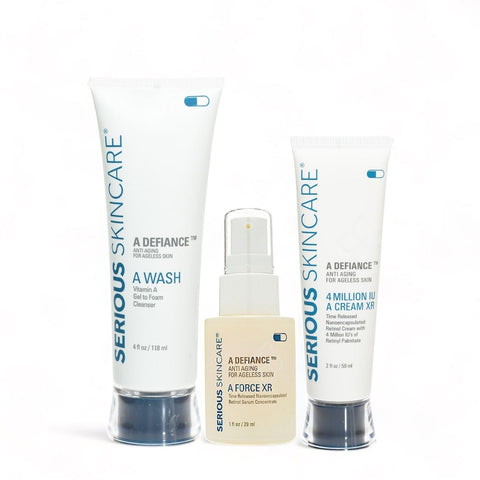 Facial Serum Cleanser Moisturizer Retinol Serious Skincare A Defiance Trio A Force Serum, 4 Million IU A Cream XR & A Wash Cleanser with Bonus Cosmetic Case