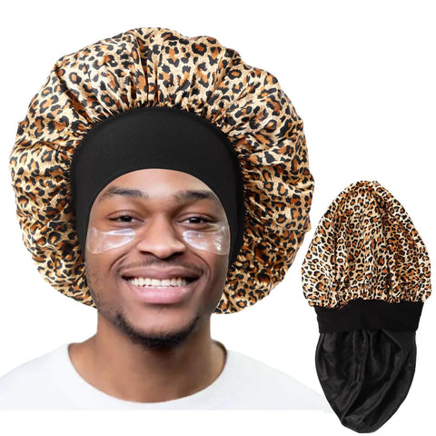Himoswis Silk Bonnet for Men & Women, Double Layer Satin Bonnets for Curly Hair, Reversible Sleep Bonnet, Leopard/Black, Large-X-Large