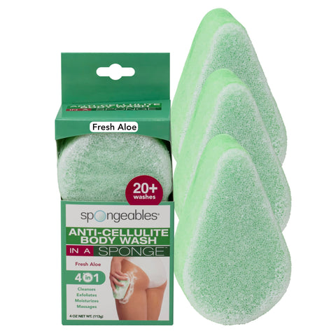 Spongeables Anti-Cellulite Body Wash in a Sponge, Fresh Aloe Scent, Spa Cellulite Massager, Moisturizer and Exfoliator, 20+ Washes, 4 oz Sponge, Pack of 3