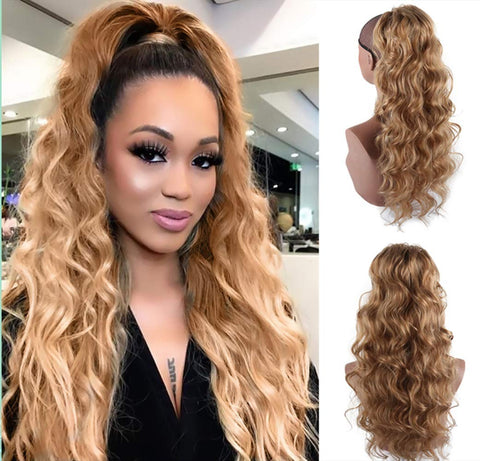 CINHOO 24 Inch Long Ponytail Extension Body Wavy Blonde Drawstring Ponytail Clip in Ponytail Extension Synthetic Curly Wavy Pony Tail Hair Piece for Women (Light brown mixed gold)
