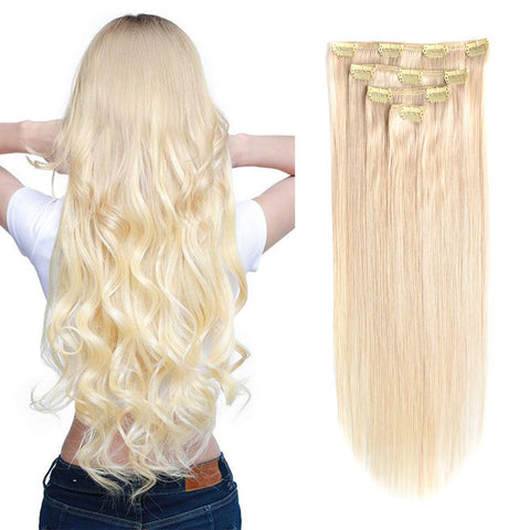 GEELOOK GEELOOK Clip in Hair Extensions 14" Double Weft 100% Remy Human Hair Grade 7A Quality Thick Long Soft Silky Straight 4pcs 10clips for Women 60grams Lightest Blonde #613 Color