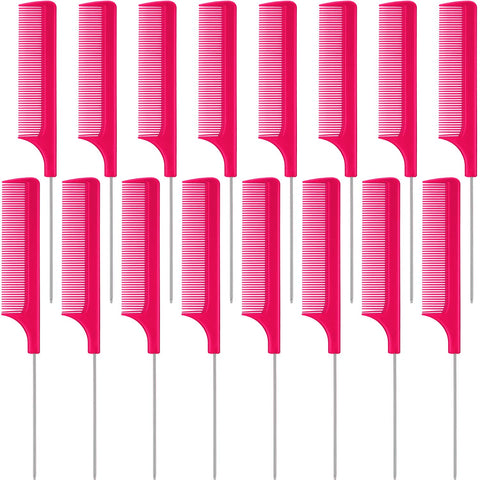 16 Pieces Metal Rat Tail Combs Pintail Hair Combs Salon Fiber Back Combs for Women Girls Hair Styling at Home Salon (Rose Red)