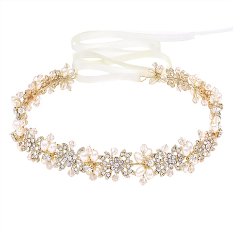 Ammei Bridal Headpiece Flower Design Wedding Headband Bridal Hair Accessories (Gold)