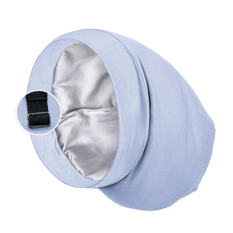 Satin Lined Sleep Cap Bonnet for Curly Hair and Braids, Stay On All Night Hair Wrap with Adjustable Strap for Women and Men, Light Blue, Pack of 1