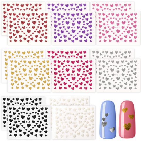 PAGOW 16 Sheets Heart Nail Art Stickers, 8 Color Love Heart Nail Decals Self-Adhesive Nail Stickers Fingernail Decoration for Women Girls