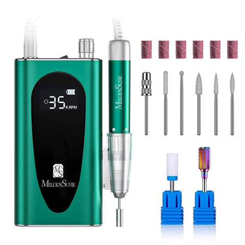 MelodySusie Professional Rechargeable 35000RPM Nail Drill, Cordless Portable Electric E File for Acrylic Gel Nails, Manicure Pedicure Shape Carve Tools with Low Noise Low Heat, Sparkle Plus (Green)