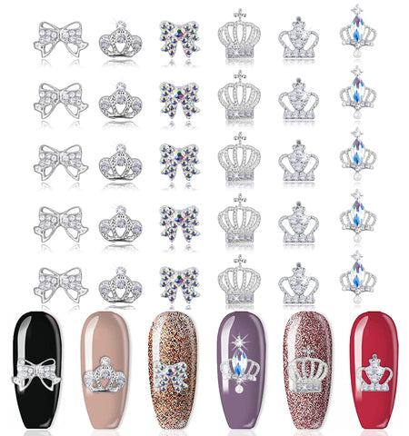 SILPECWEE 30 Pieces Rhinestones For Nails Crown Design Nail Charm 3D Nail Gems Alloy Nail Jewels Nail Decoration Kit With 1Pc Tweezers