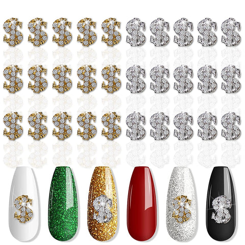 SILPECWEE 30pcs Dollar Sign Nail Charms Gold Silver Nail Jewels 3d Nail Art Charms Money Design Nail Rhinestone And Charms Nail Studs Nail Decoration Kit