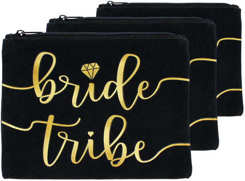 3pc Bride Tribe Makeup Bags - Bridesmaid Favor for Bachelorette Party, Bridal Shower, Wedding. Also Great as Toiletry Bag, Wedding Survival Kit, Hangover Kit, Keepsake (3pc Pack, Black & Gold)