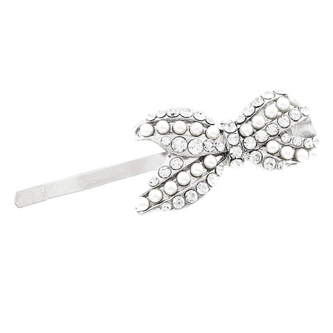 Rosemarie Collections Women's Faux Pearl and Crystal Ribbon Bobby Pin Hair Clip (Silver Tone)