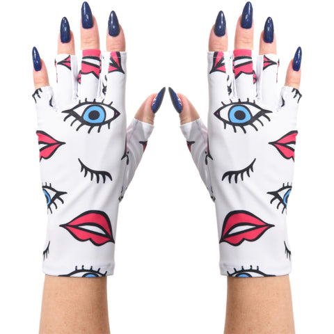 ManiGlovz Gel Nail Manicure Anti-UV and Sunblock Protection Shield Gloves - Water Resistant UV Gloves for Gel Manicures to use with UV and LED Dry Lamps (Lipstick and Lashes Print)