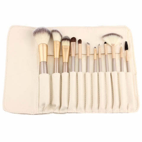 12 Piece Makeup Brushes Set | Horse Hair Professional Kabuki Makeup Brush Set Cosmetics Foundation Makeup Brushes Set Kits With White Cream Colored Case Bag