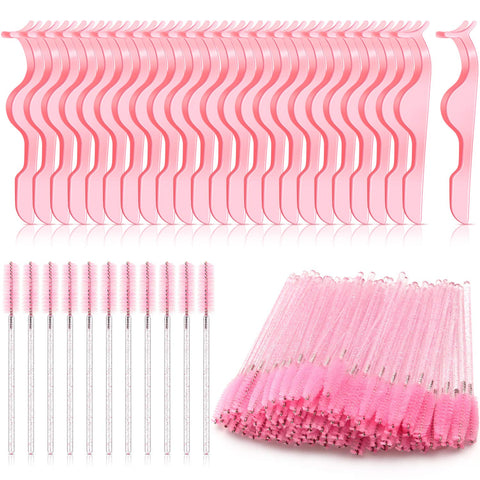 24 Pieces Plastic Eyelash Extension Tweezers False Eyelash Applicator Tool Eyelash Auxiliary Clip and 100 Pieces Eyelash Brush Mascara Wands Applicator for Eyelash Application and Removal Practice