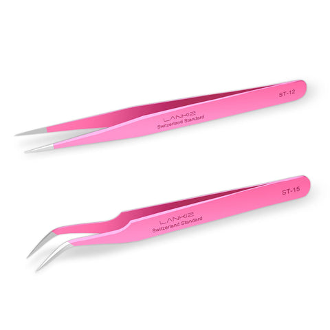 LANKIZ Eyelash Extension Tweezers Stainless Steel Straight and Curved Volume Lash Tweezers Set for Eyelash Extension Professional-Pink