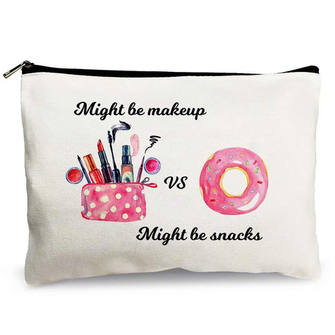 Cute Makeup Cosmetic Bags for Women - Might Be Makeup Might Be Snacks - Funny Travel Bags Cotton Zipper Pouch Toiletry Make-Up Case for Best Friends Teen Girls Sister Daughter Birthday Christmas Gifts â€¦