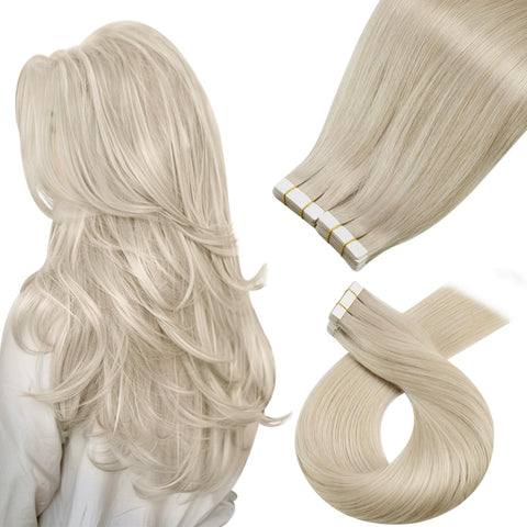 Moresoo Tape Hair Extensions 18 Inch Blonde Tape in Extensions Human Hair Full Head Glue in Extensions 100 Gram 40 Pieces Color #60 Platinum Blonde Invisible Tape in Hair Extensions Natural Hair