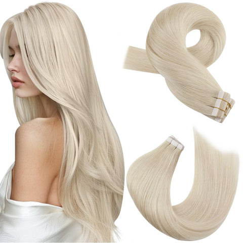 Moresoo 16 Inch Seamless Tape in Remy Human Hair Extensions Platinum Blonde Color #60 20pcs/50g Straight Unprocessed Real Human Hair Extensions Tape in Hair